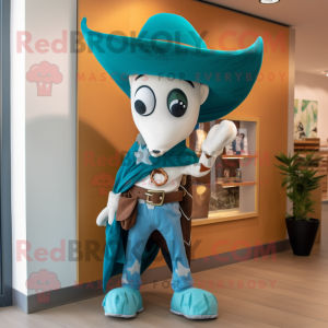 Teal Cowboy mascot costume character dressed with a Jeggings and Scarf clips