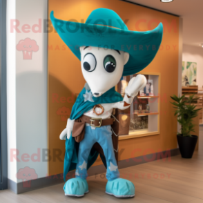 Teal Cowboy mascot costume character dressed with a Jeggings and Scarf clips