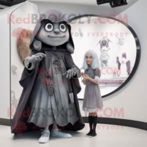 Gray Witch mascot costume character dressed with a Wrap Dress and Watches