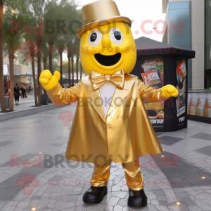 Gold Soda Can mascot costume character dressed with a Raincoat and Bow ties