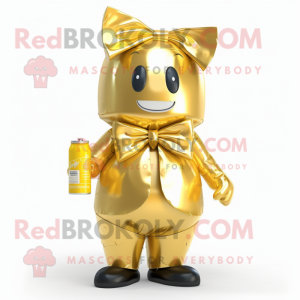 Gold Soda Can mascot costume character dressed with a Raincoat and Bow ties