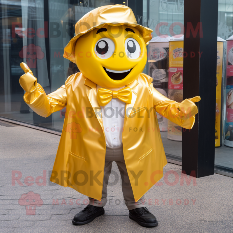 Gold Soda Can mascot costume character dressed with a Raincoat and Bow ties