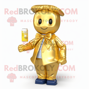 Gold Soda Can mascot costume character dressed with a Raincoat and Bow ties