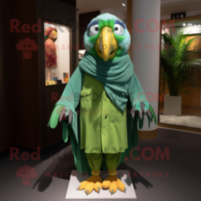 Green Macaw mascot costume character dressed with a Overalls and Shawl pins