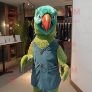 Green Macaw mascot costume character dressed with a Overalls and Shawl pins