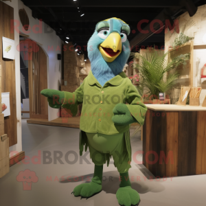 Green Macaw mascot costume character dressed with a Overalls and Shawl pins