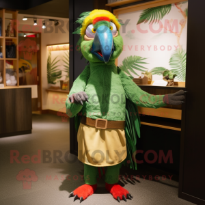 Green Macaw mascot costume character dressed with a Overalls and Shawl pins