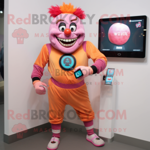 Peach Evil Clown mascot costume character dressed with a Joggers and Digital watches