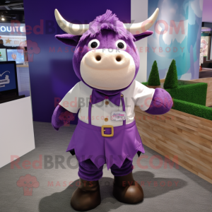 Purple Bull mascot costume character dressed with a Skirt and Suspenders