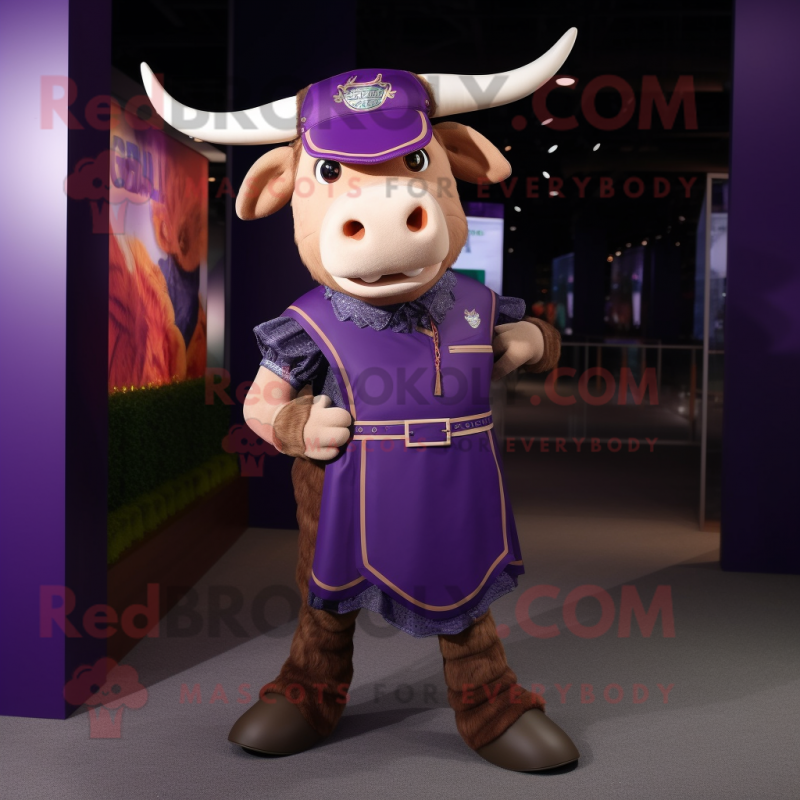 Purple Bull mascot costume character dressed with a Skirt and Suspenders