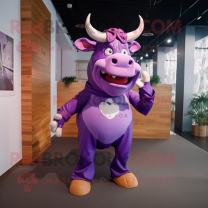 Purple Bull mascot costume character dressed with a Skirt and Suspenders