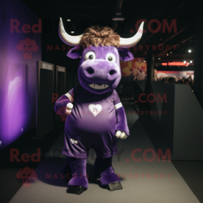 Purple Bull mascot costume character dressed with a Skirt and Suspenders
