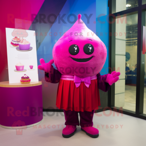 Magenta Cupcake mascot costume character dressed with a Suit and Shawls