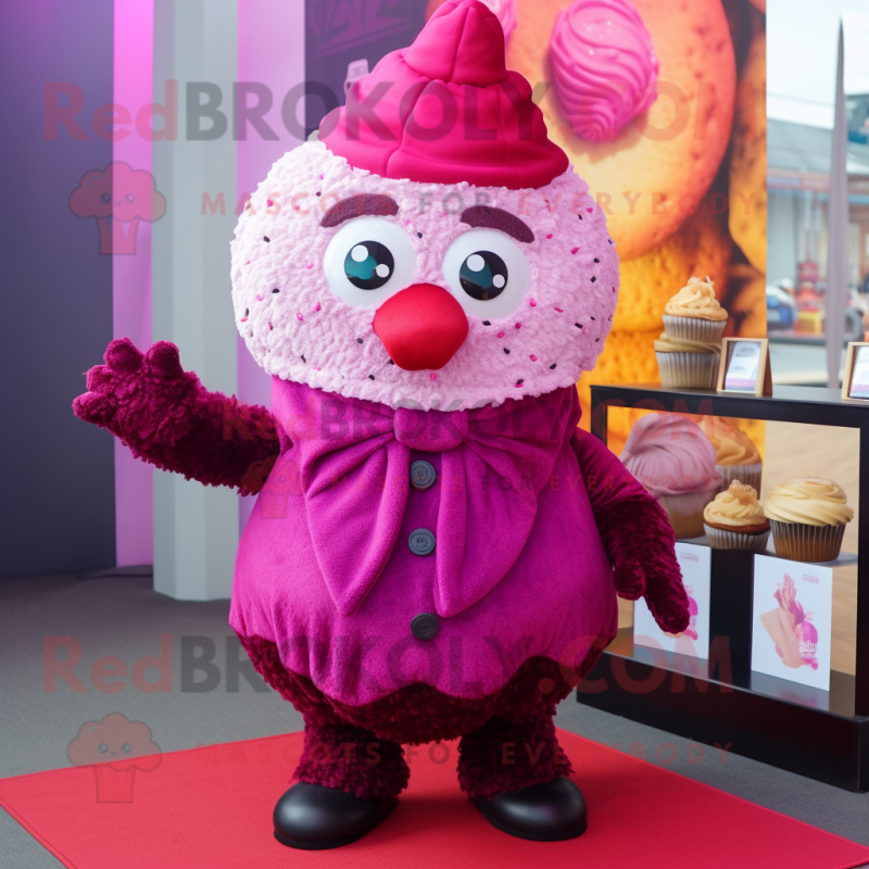 Magenta Cupcake mascot costume character dressed with a Suit and Shawls Magenta Cupcake mascot costume character dressed with a Suit and Shawls