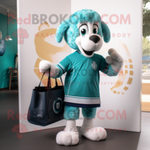 Teal Ram mascot costume character dressed with a Polo Tee and Tote bags