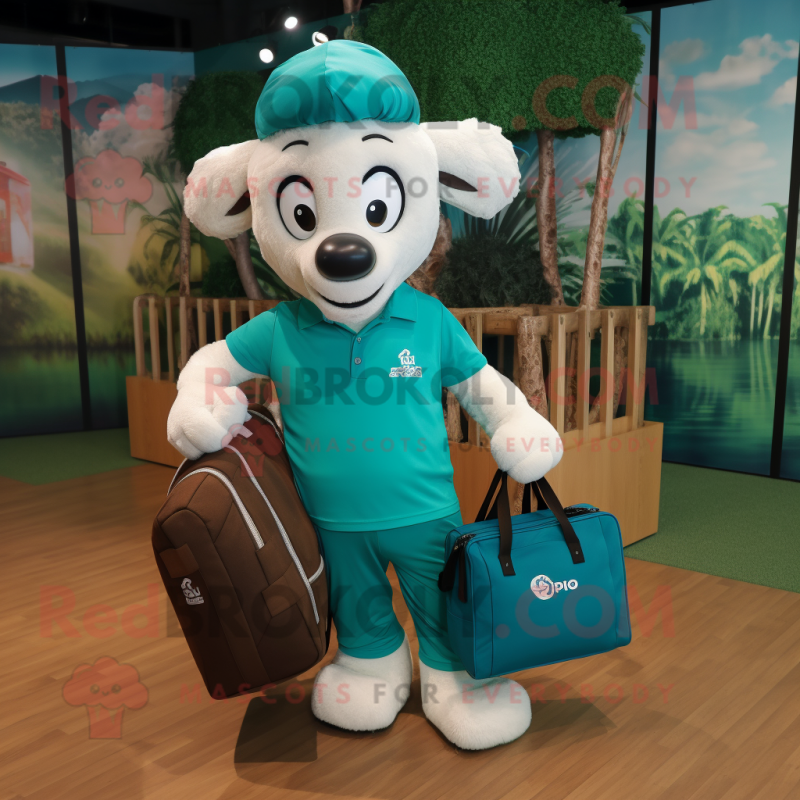 Teal Ram mascot costume character dressed with a Polo Tee and Tote bags