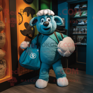 Teal Ram mascot costume character dressed with a Polo Tee and Tote bags