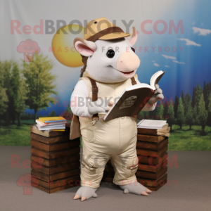 Cream Armadillo mascot costume character dressed with a Overalls and Reading glasses