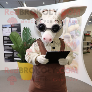 Cream Armadillo mascot costume character dressed with a Overalls and Reading glasses