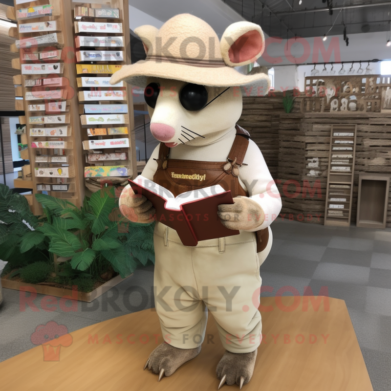 Cream Armadillo mascot costume character dressed with a Overalls and Reading glasses