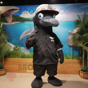 Black Dolphin mascot costume character dressed with a Board Shorts and Berets