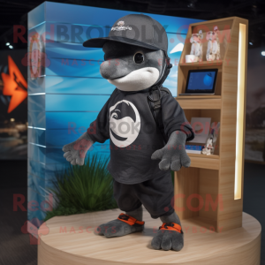 Black Dolphin mascot costume character dressed with a Board Shorts and Berets