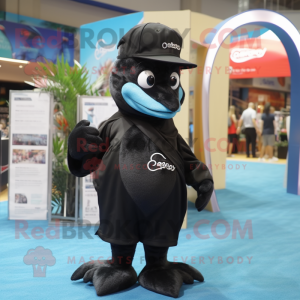 Black Dolphin mascot costume character dressed with a Board Shorts and Berets