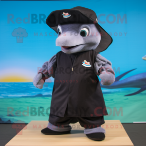 Black Dolphin mascot costume character dressed with a Board Shorts and Berets