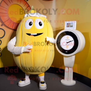 Cream Squash mascot costume character dressed with a Mini Dress and Digital watches