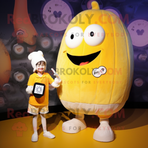 Cream Squash mascot costume character dressed with a Mini Dress and Digital watches