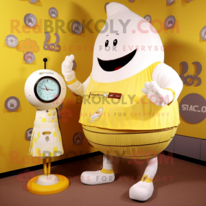 Cream Squash mascot costume character dressed with a Mini Dress and Digital watches