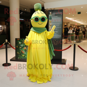 Yellow Spinach mascot costume character dressed with a Ball Gown and Eyeglasses