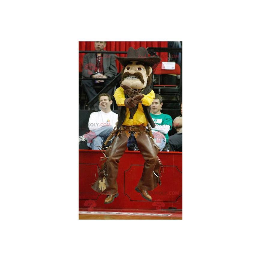 Mustached cowboy mascot in yellow and brown outfit -