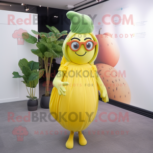 Yellow Spinach mascot costume character dressed with a Ball Gown and Eyeglasses