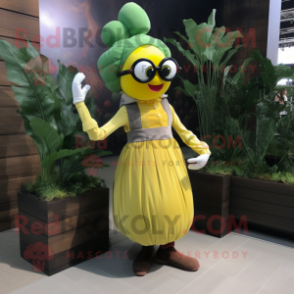 Yellow Spinach mascot costume character dressed with a Ball Gown and Eyeglasses