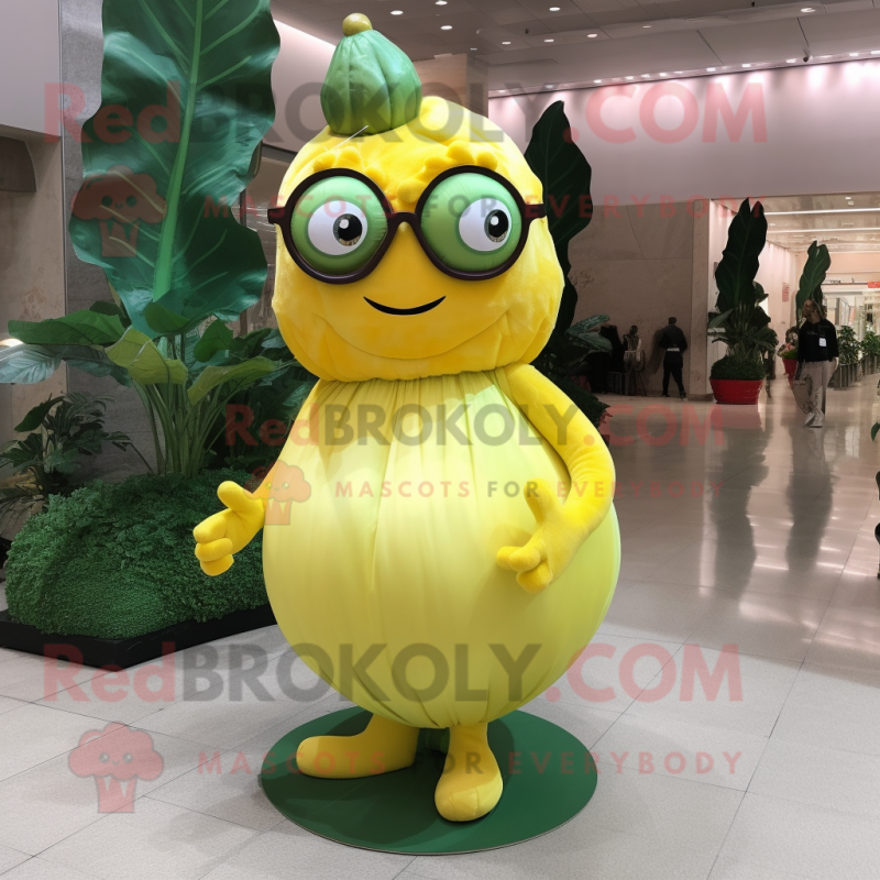 Yellow Spinach mascot costume character dressed with a Ball Gown and Eyeglasses