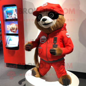 Red Sloth mascot costume character dressed with a Moto Jacket and Coin purses