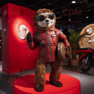 Red Sloth mascot costume character dressed with a Moto Jacket and Coin purses