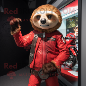 Red Sloth mascot costume character dressed with a Moto Jacket and Coin purses