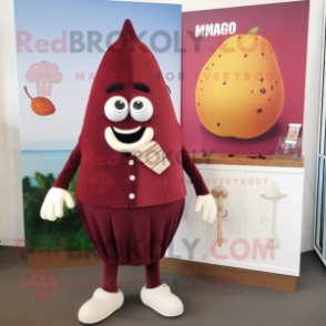 Maroon Mango mascot costume character dressed with a Shift Dress and Lapel pins