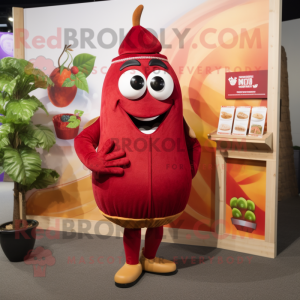 Maroon Mango mascot costume character dressed with a Shift Dress and Lapel pins