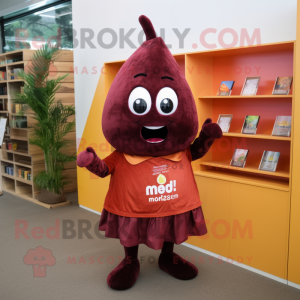 Maroon Mango mascot costume character dressed with a Shift Dress and Lapel pins