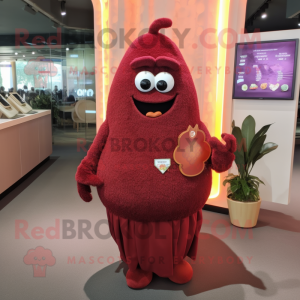 Maroon Mango mascot costume character dressed with a Shift Dress and Lapel pins