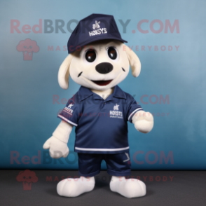 Navy Moussaka mascot costume character dressed with a Polo Tee and Hat pins