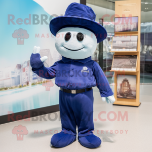 Navy Moussaka mascot costume character dressed with a Polo Tee and Hat pins