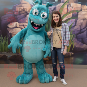 Teal Loch Ness Monster mascot costume character dressed with a Boyfriend Jeans and Shoe clips