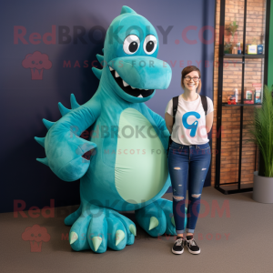 Teal Loch Ness Monster mascot costume character dressed with a Boyfriend Jeans and Shoe clips