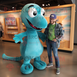 Teal Loch Ness Monster mascot costume character dressed with a Boyfriend Jeans and Shoe clips