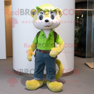 Lime Green Ferret mascot costume character dressed with a Bootcut Jeans and Shoe laces