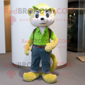 Lime Green Ferret mascot costume character dressed with a Bootcut Jeans and Shoe laces